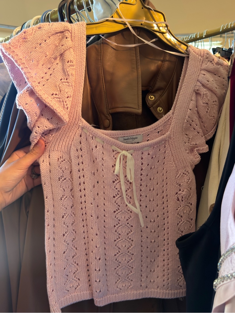 Light Pink / light purple Knit Eyelet Ruffle tie top